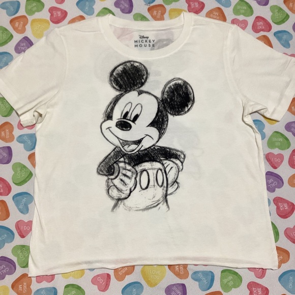 Women’s Cream Cropped T-shirt Illustrated Mickey Mouse Print & Back Image - Picture 1 of 4
